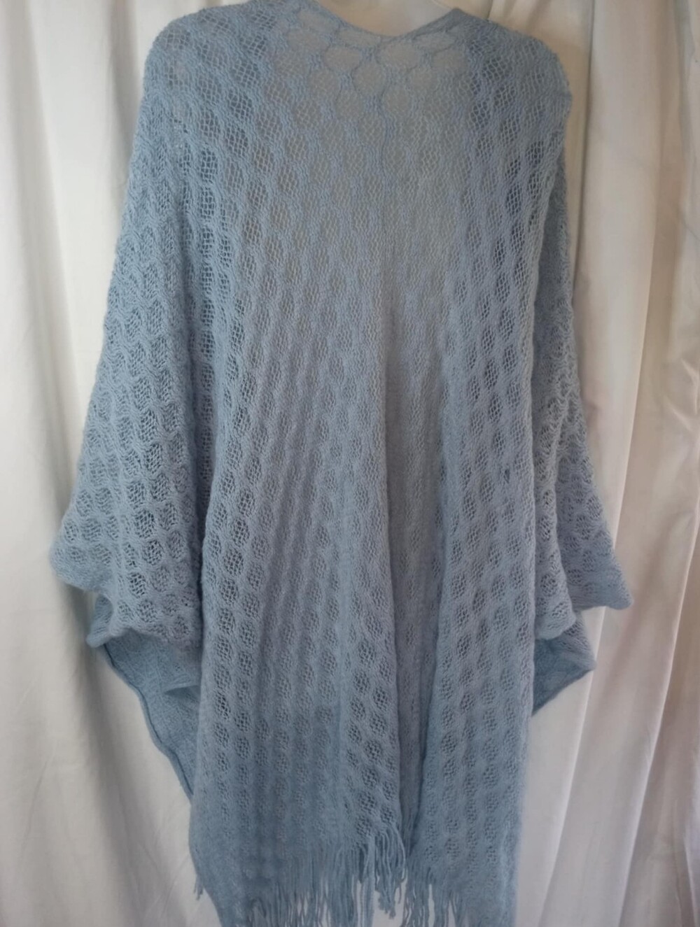 Just Me Light Blue Open-Knit Fringe Poncho Coastal One Size Flowy Fairy Momcore - Picture 2 of 4